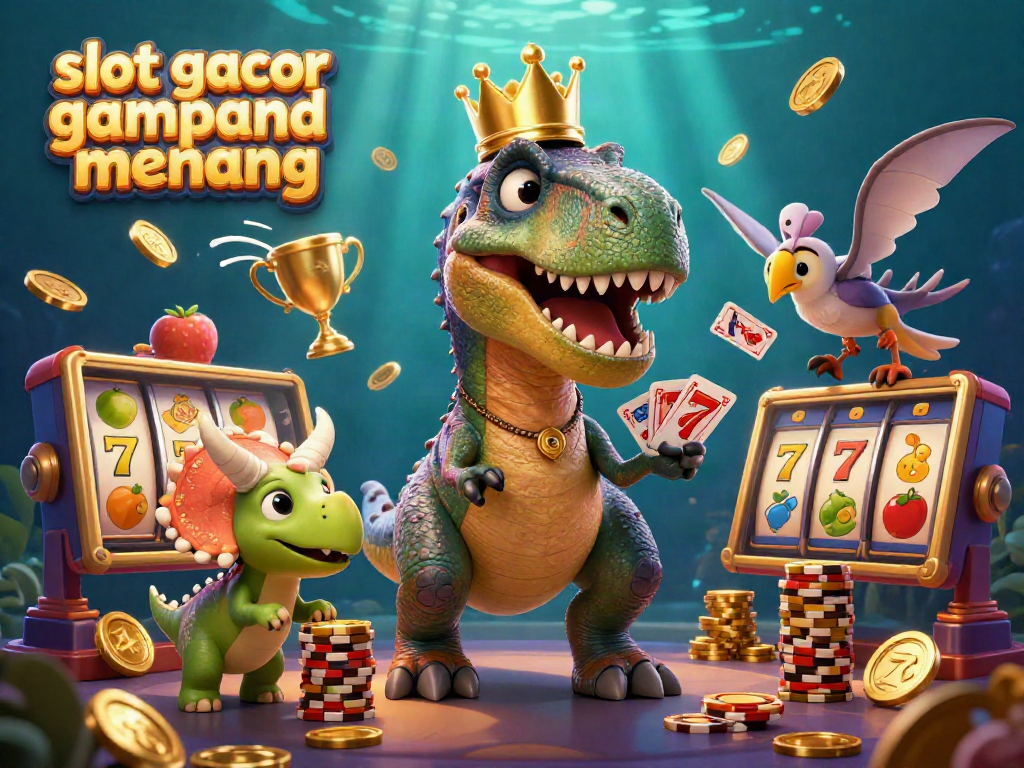 Experience the excitement of slot gacor gampang menang with a vibrant 3D scene featuring a dinosaur handling cards.
