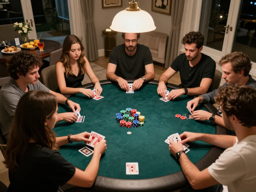 Players engaged in a dynamic poker game at home, showcasing u888 com gaming excitement and vibrant atmosphere.