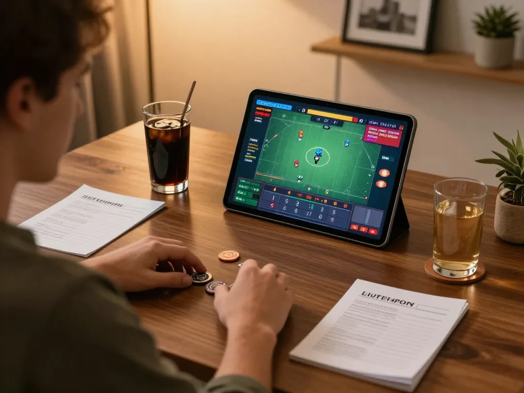 Play poker online at 388bet with a tablet setup showing game interface and strategy notes.