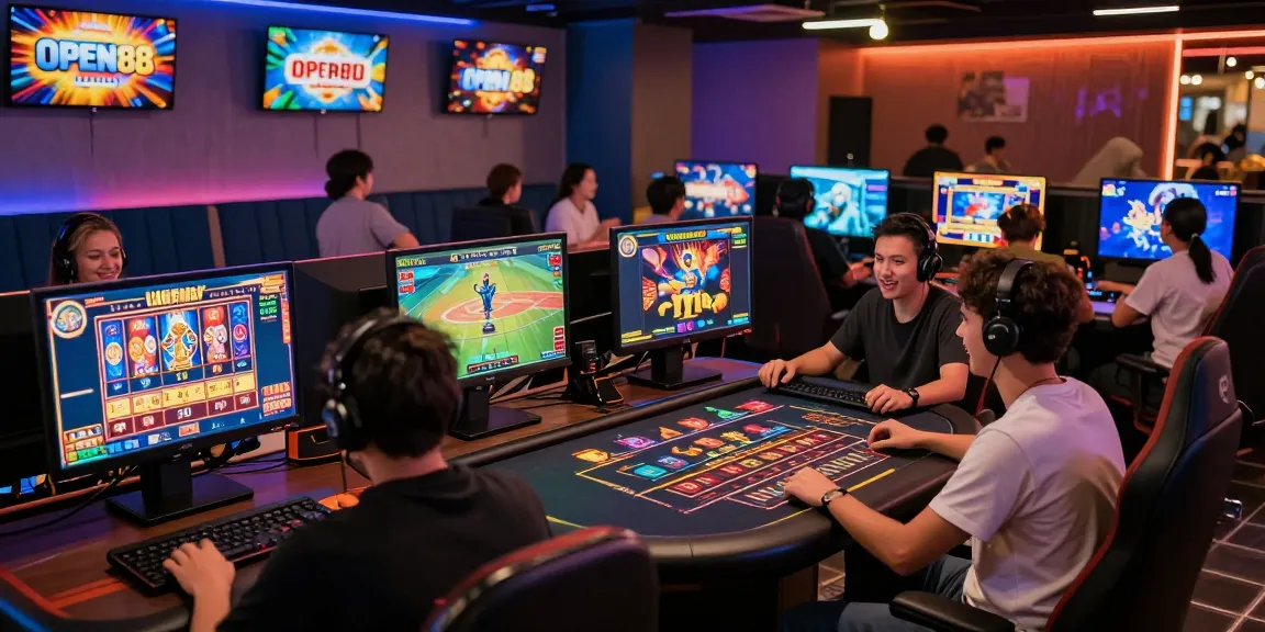 Players enjoying diverse gaming experiences on https://open88.games/ in a vibrant, modern gaming lounge.