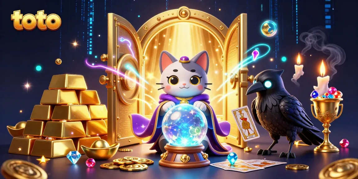 Engage in thrilling toto gameplay with a mystical cat and tarot raven in a rich casino scene.