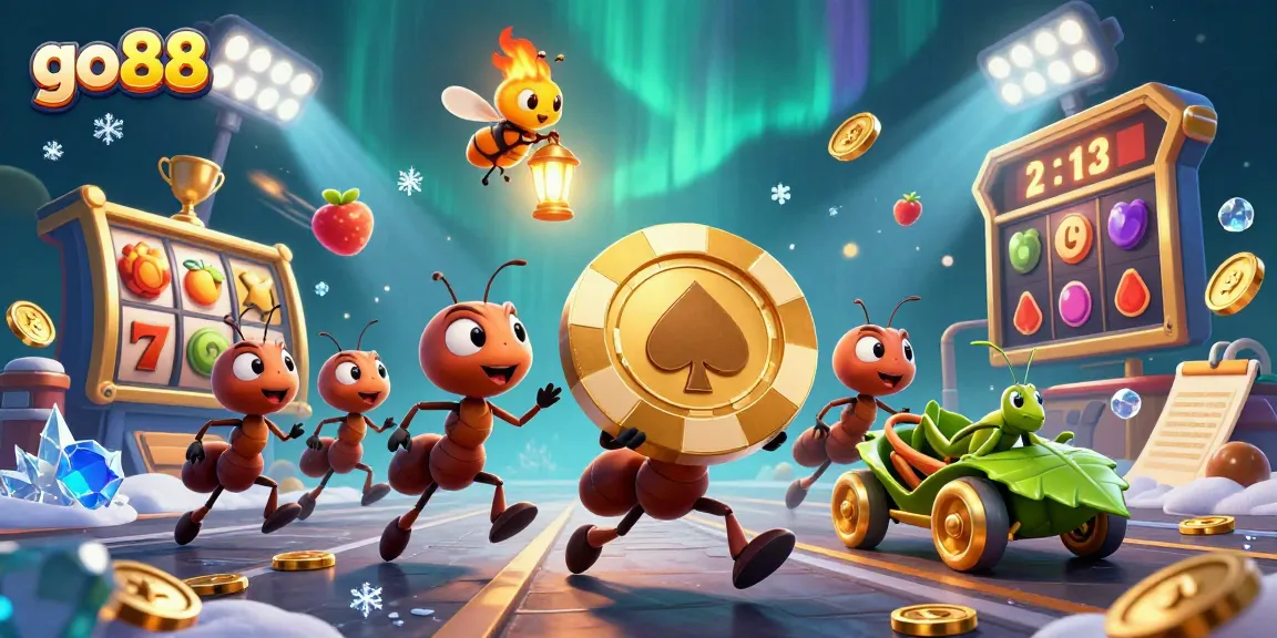 Experience the thrill of go88 with ants carrying a giant poker chip through a dynamic casino scene.