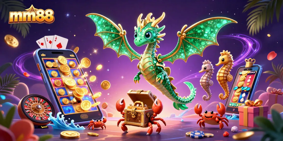Experience the vibrant casino world with mm88, showcasing an emerald sea dragon and dynamic game elements.
