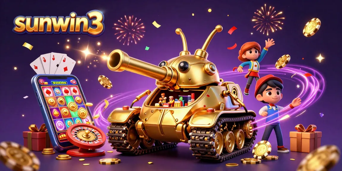 Win big at sunwin3 with a vibrant 3D scene featuring a golden beetle tank casino and games.