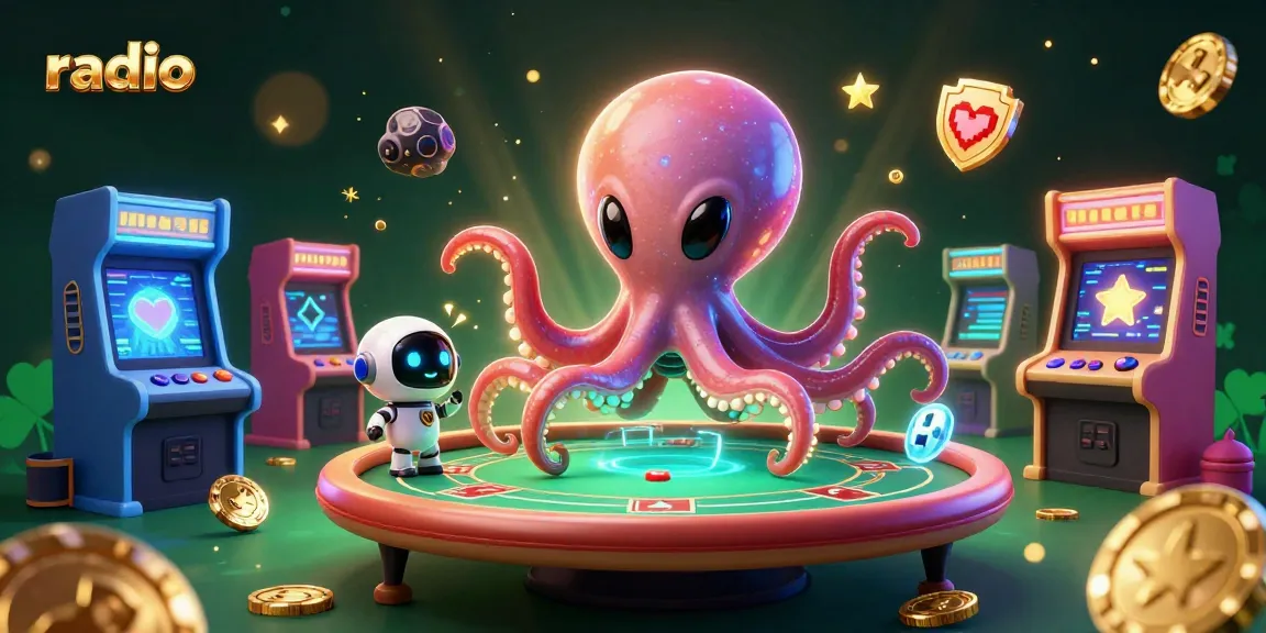 Experience thrilling radio gaming with an alien octopus at a holographic poker table.