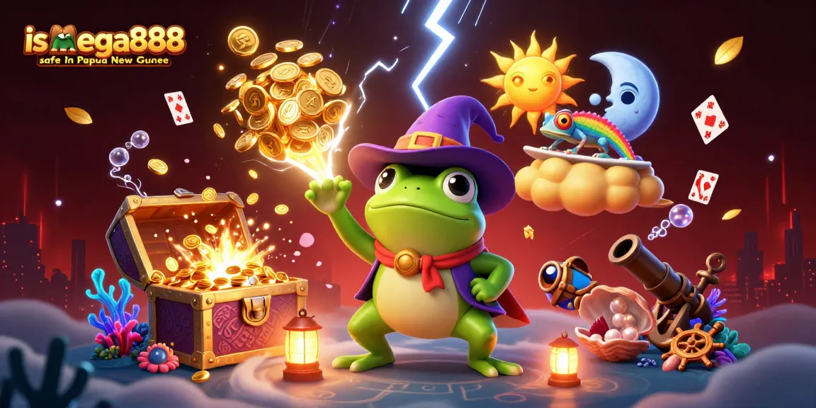 Playing mega888 safely in Papua New Guinea with thrilling games and vibrant characters in a magical scene.