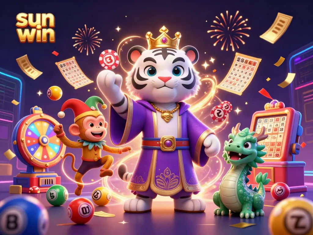 Join the fun at sun win with a vibrant digital illustration showcasing a majestic tiger and a playful monkey in a casino setting.