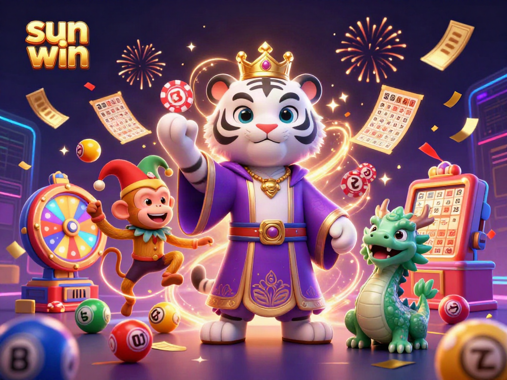 Join the fun at sun win with a vibrant digital illustration showcasing a majestic tiger and a playful monkey in a casino setting.