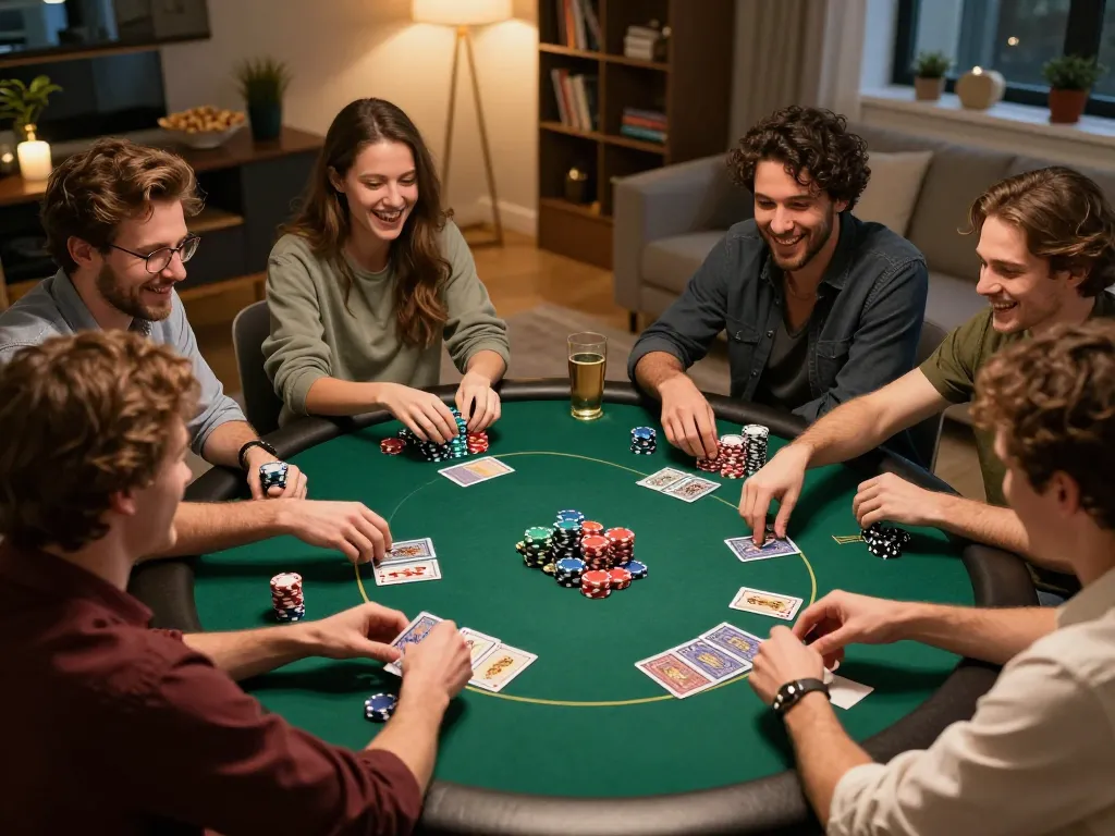 Engaging poker game at home showcasing friends enjoying togel online in a lively and social atmosphere