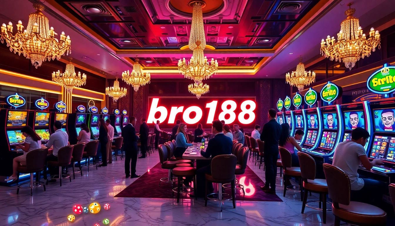Explore an exciting casino scene at bro138 with players enjoying vibrant slot machines and luxurious decor.