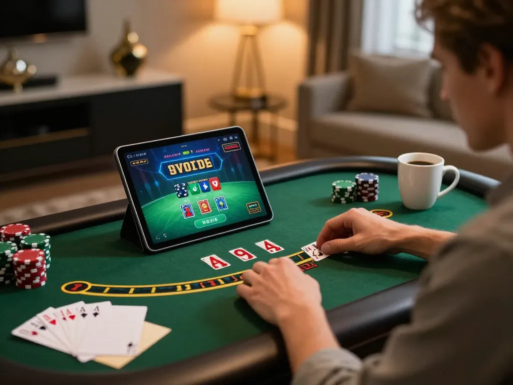 Player enjoying a strategic blackjack session online with cm888 tablet, warm ambient lighting soothing the atmosphere.