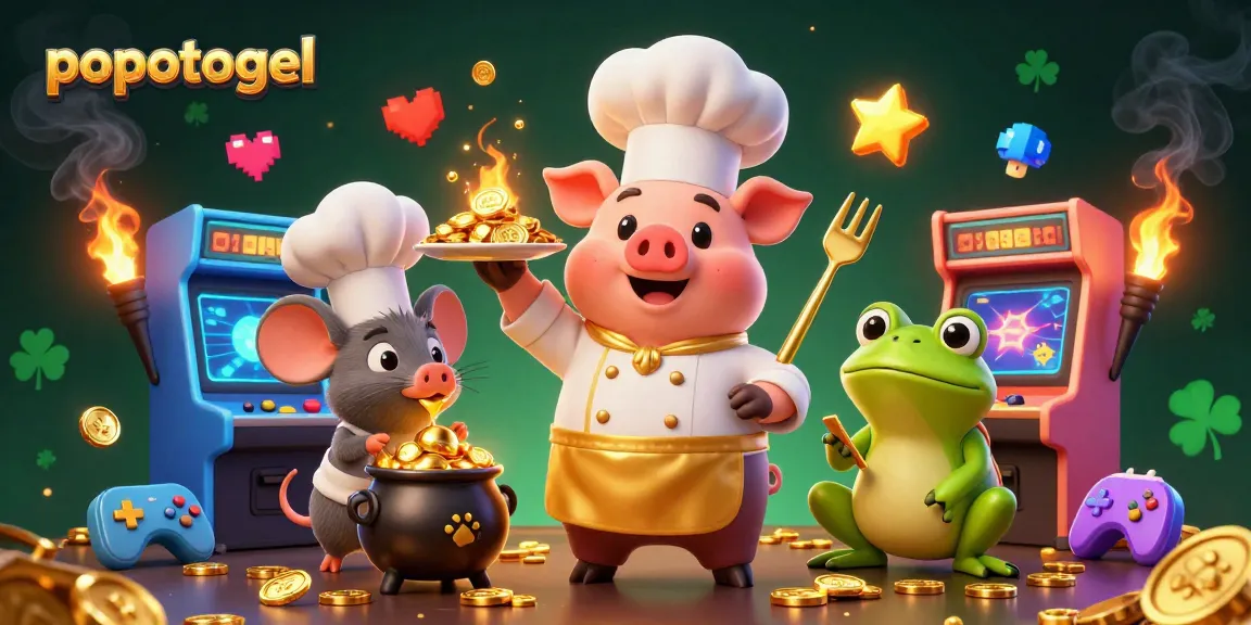 Experience the excitement of popotogel with vibrant slot themes and fun gaming characters in a dynamic casino scene.