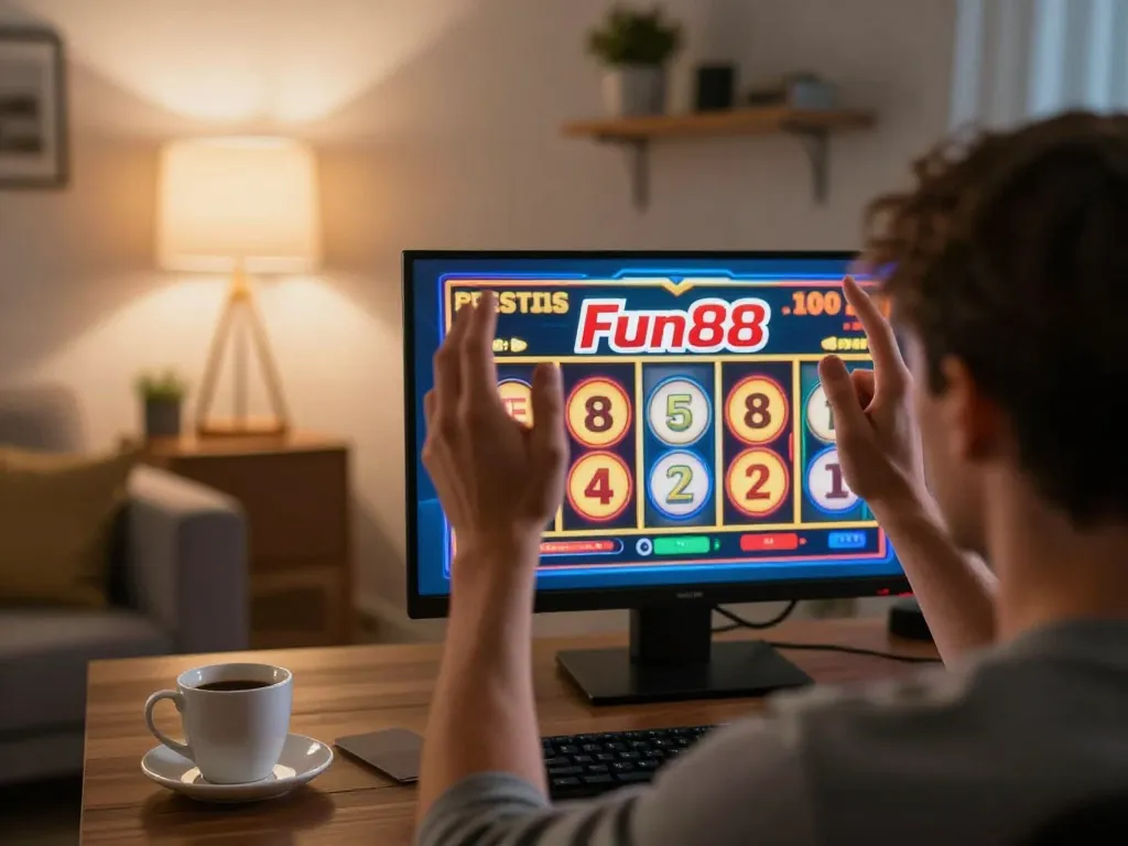 Player celebrating a win at Fun88 online casino with excitement during home gaming.