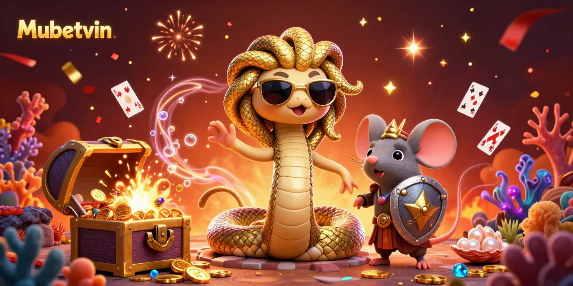 Mubetvin showcases a vibrant casino scene with Medusa and a warrior mouse exploding with treasures and festive elements.