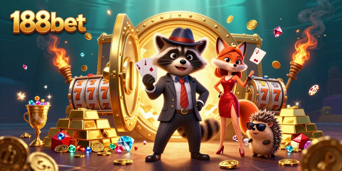 Engage in thrilling bets at 188bet with raccoon and fox characters amidst sparkling treasures.