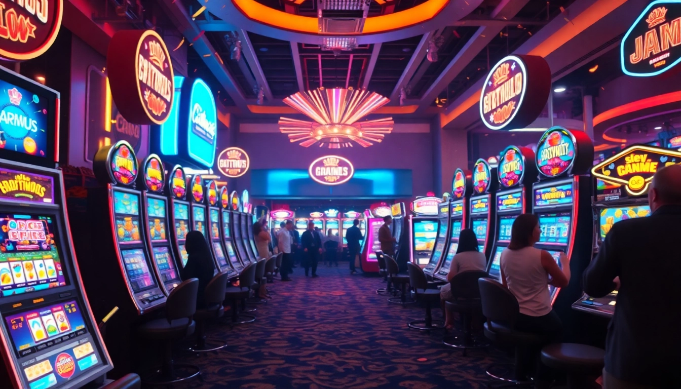 Menangkan Slot Game dengan mesin berwarna-warni di kasino yang ramai.