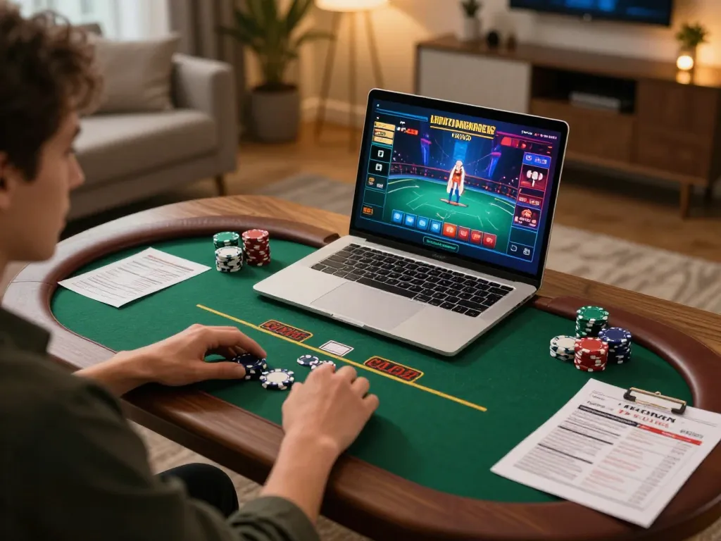 Player engaging with m113 online casino game on laptop, showcasing strategic gameplay.