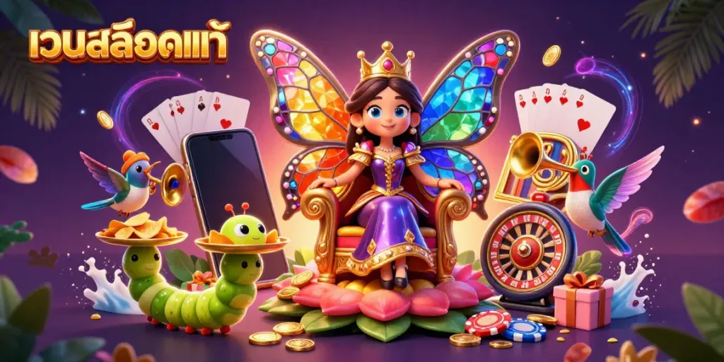 Engage with เว็บสล็อตแท้ as the butterfly queen oversees colorful slot games and casino elements.