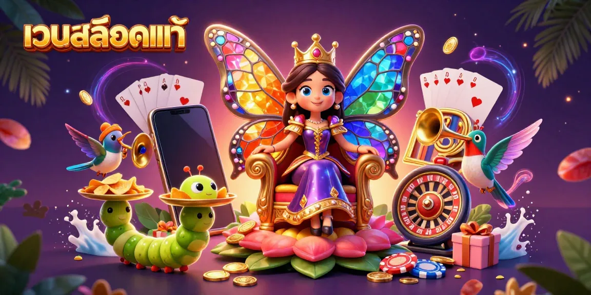 Engage with เว็บสล็อตแท้ as the butterfly queen oversees colorful slot games and casino elements.