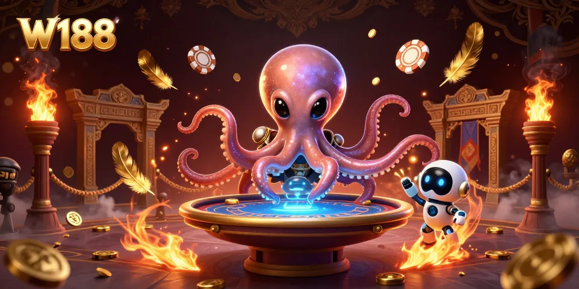 Experience the dynamic energy of W188 with an alien octopus at a poker table surrounded by gaming excitement.