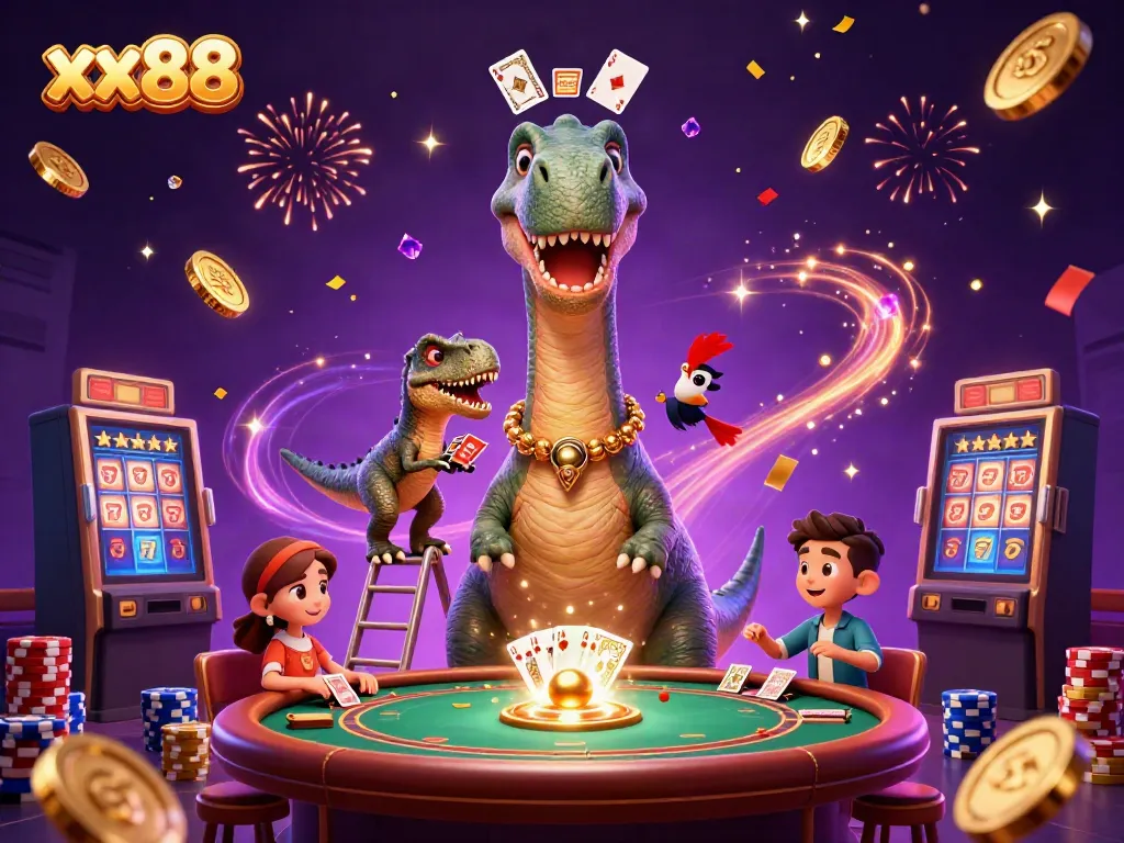 Winning at xx88 with a giant brontosaurus oversees a vibrant casino scene filled with excitement.