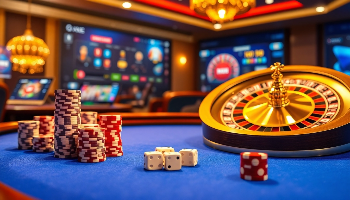 X88 online casino gambling scene with poker chips, dice, and roulette wheel.
