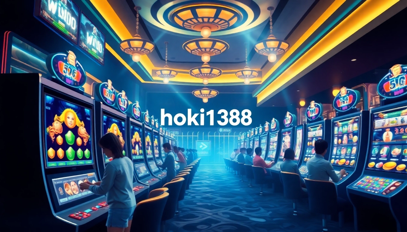 Captivating scene of online gambling with hoki138 theme showcasing vibrant slots and energetic players.