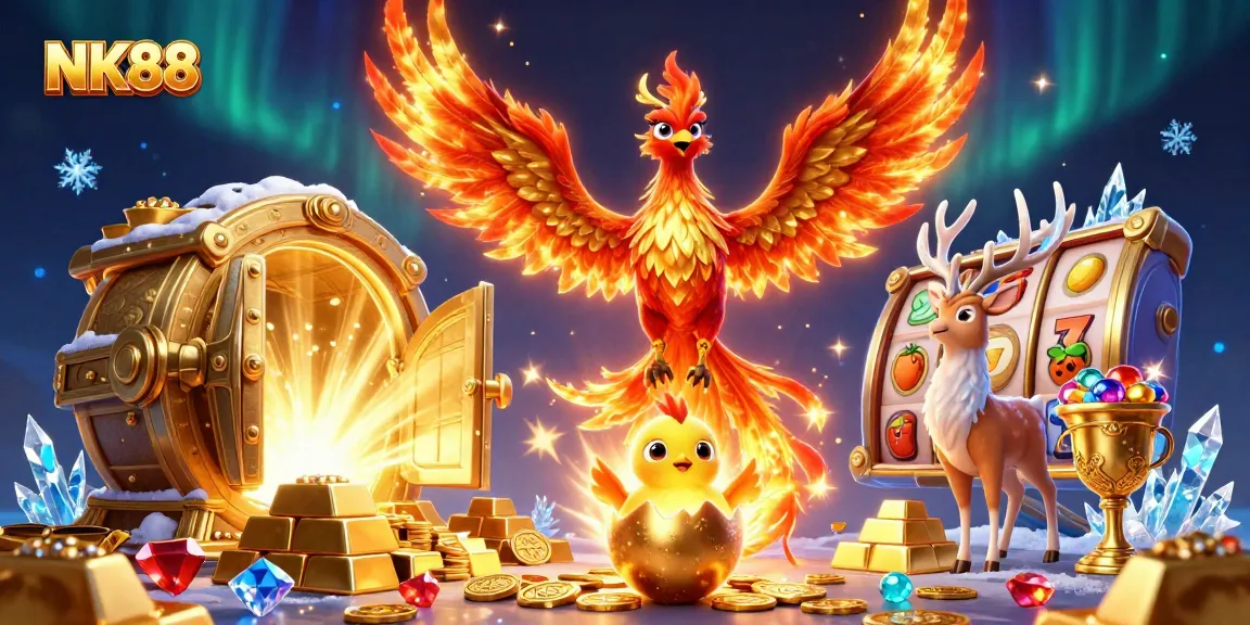 Engage with thrilling gaming adventures at NK88 featuring a soaring phoenix and vibrant casino elements.