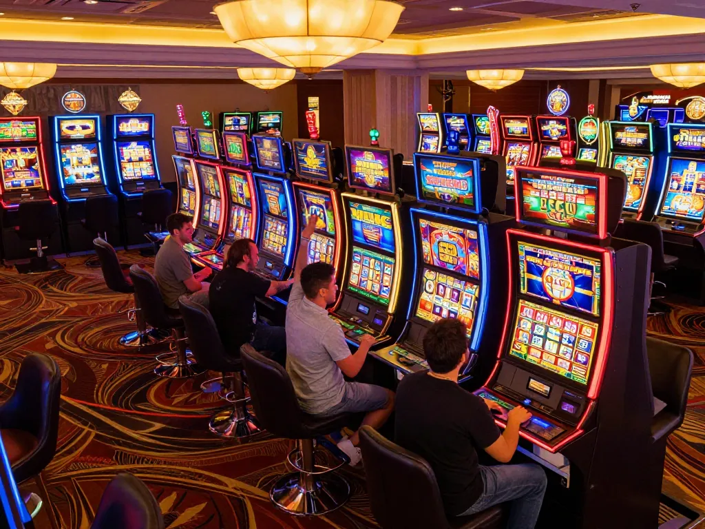 NAGA2000 slot players celebrating a win at colorful machines in vibrant casino atmosphere