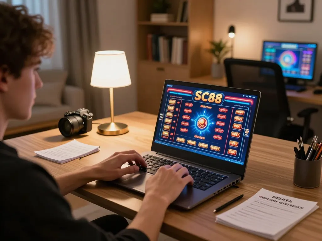 Player engaging with SC88 online casino games in modern home setup