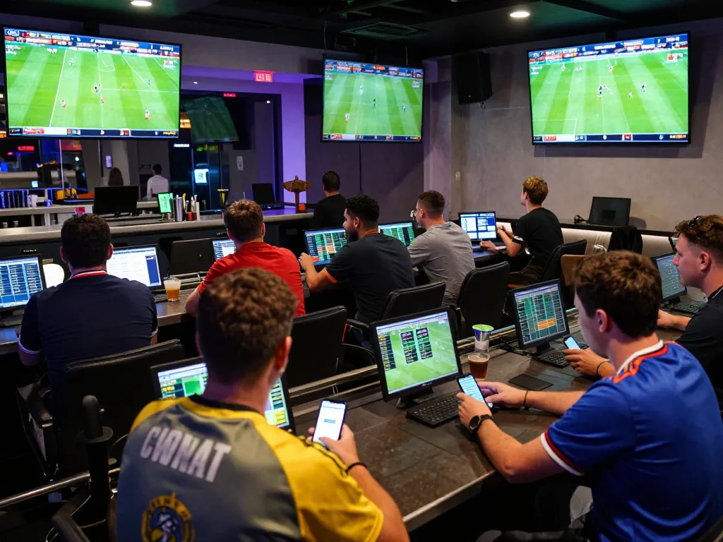Engaged sports bettors analyzing keo nha cai odds in a lively sports lounge atmosphere