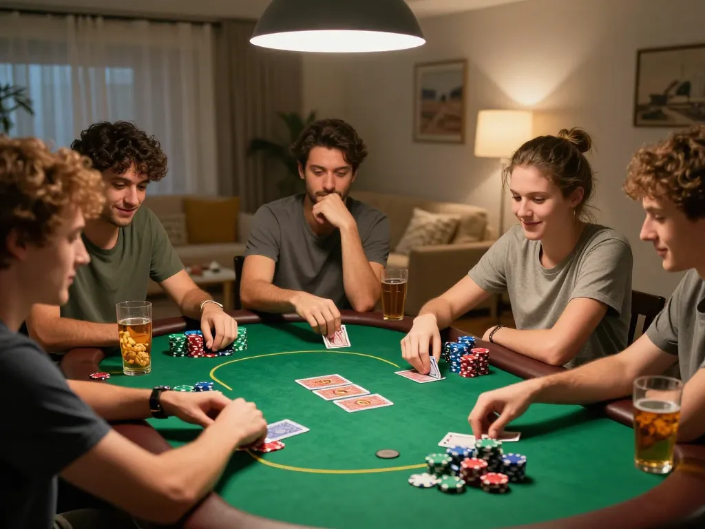 Friends enjoying a competitive poker game at home with hitclub chips and cards in play