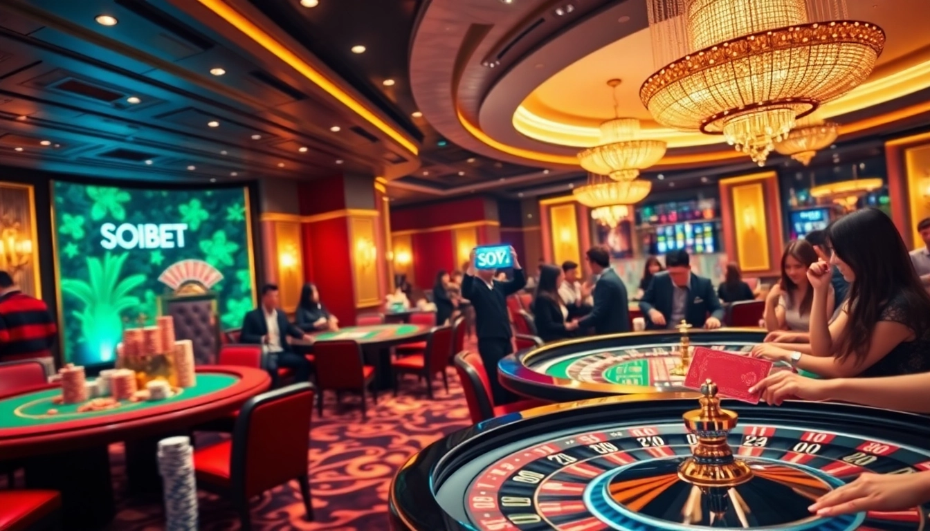 Experience thrilling gaming action at SOIBET's luxury casino with vibrant tables and excited players.