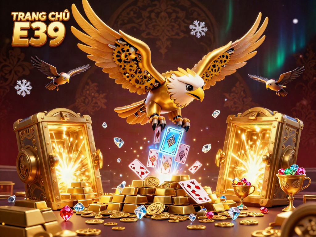 Engage with TRANG CHỦ E39 through a dynamic 3D illustration featuring a cybernetic eagle, holographic cards, and treasure elements in a vibrant casino atmosphere.