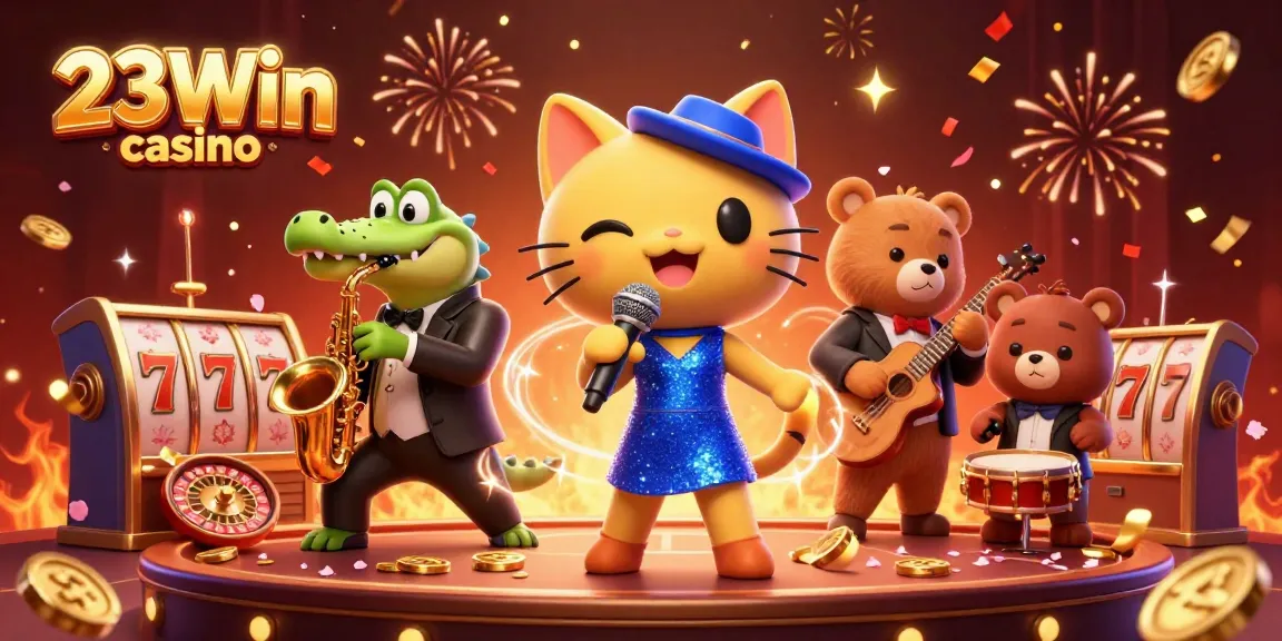 Engage with the festive spirit of 23Win casino showing cartoon characters on a lively casino stage.