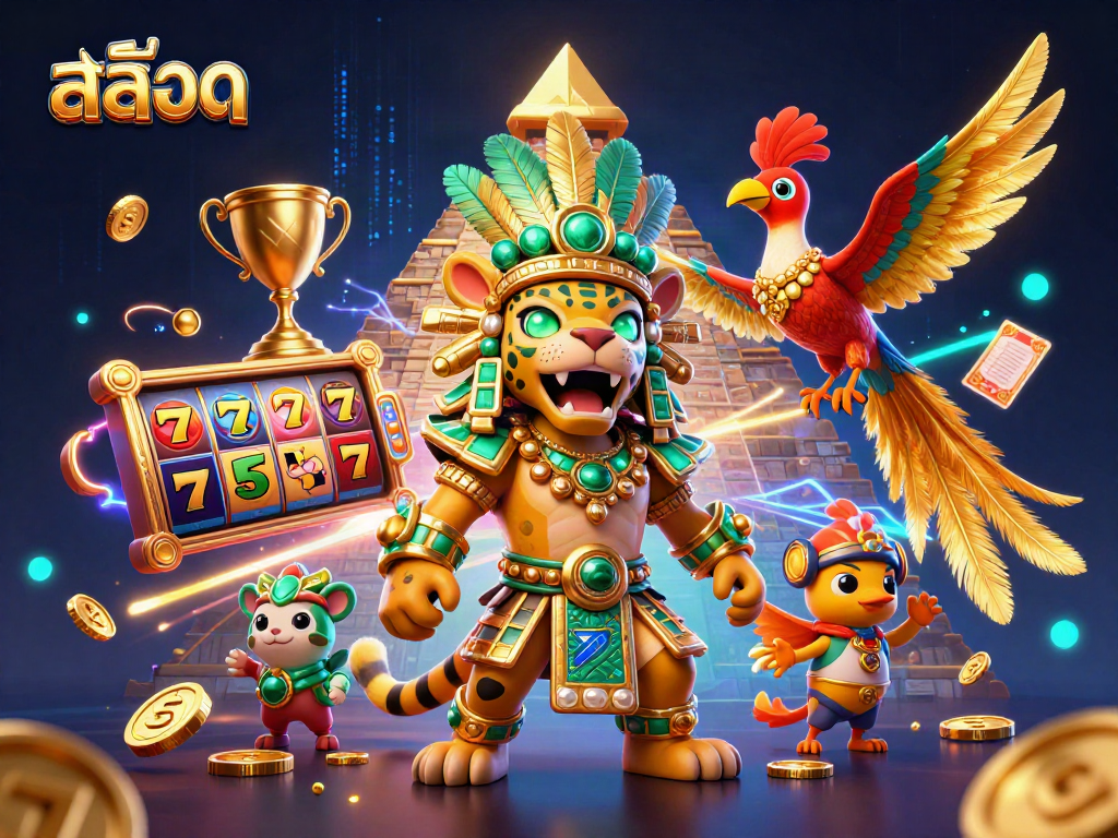 Experience excitement with 슬롯 in a vibrant casino scene featuring a Mayan priest and sports elements.