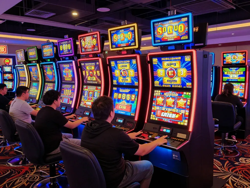 Players engaged at vibrant link slot machines, enjoying exciting spins in a lively casino.