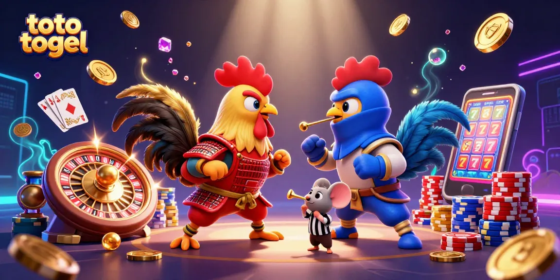 Experience the excitement of toto togel with dynamic action featuring roosters in 3D combat, coins and gems flying.