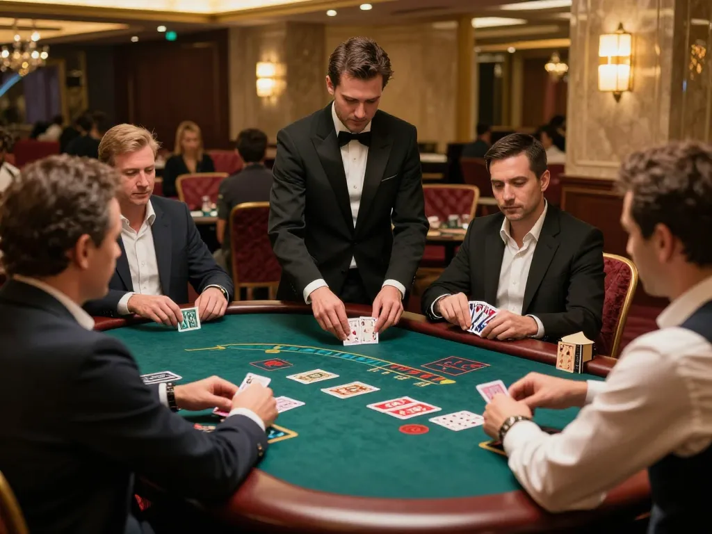 UGDEWA players strategizing in an engaging blackjack game at an upscale casino floor.