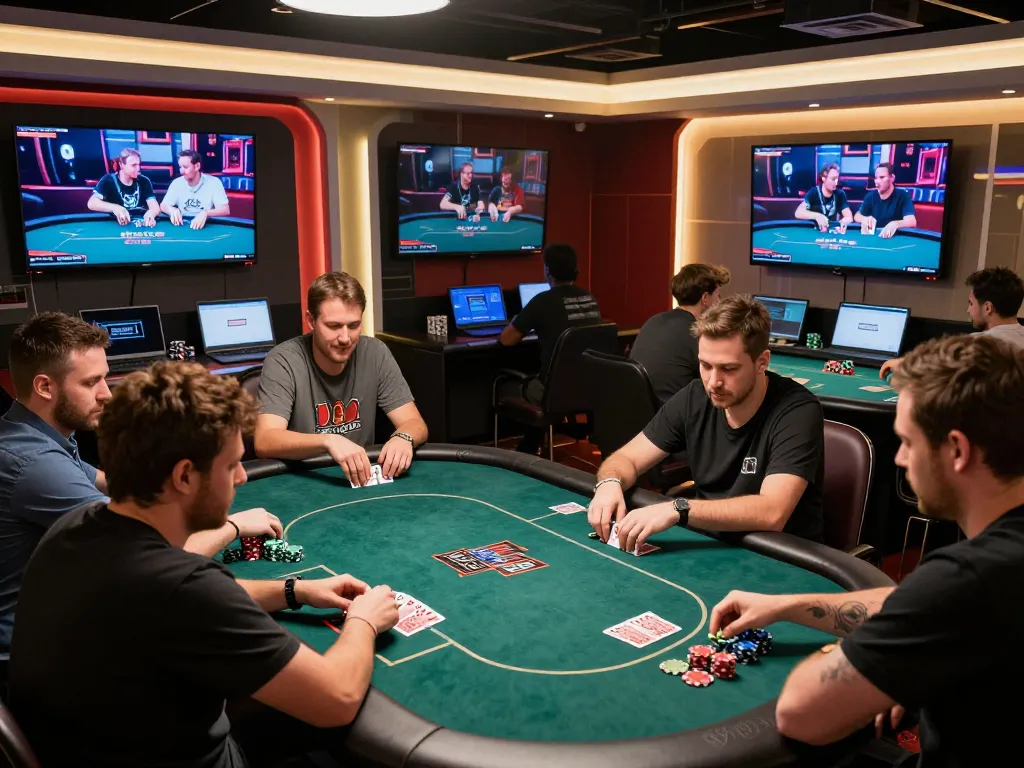 Players engaged in a dynamic poker game at LGOLUX online casino, showcasing excitement and strategy