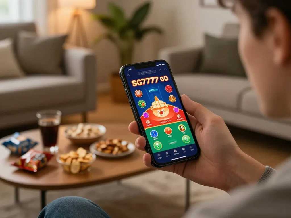 Engaging with SG777 mobile casino app in a cozy setting, showcasing live gaming excitement