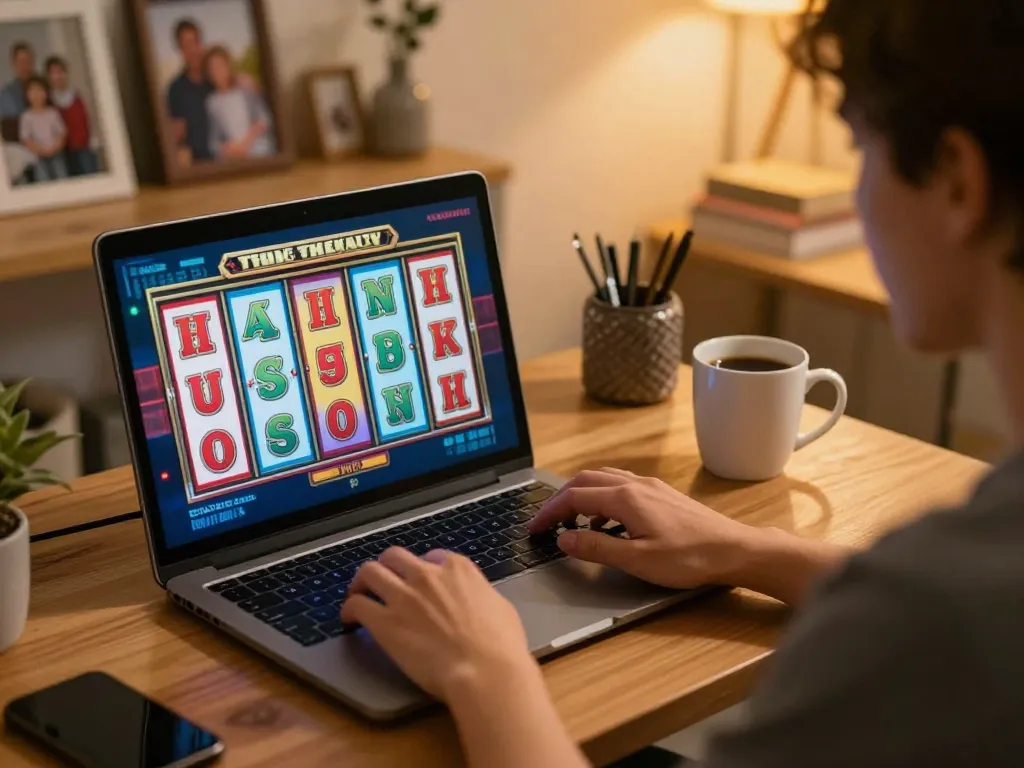 Engaging in exciting Rik vip online slot gameplay at home office with vibrant screen display.