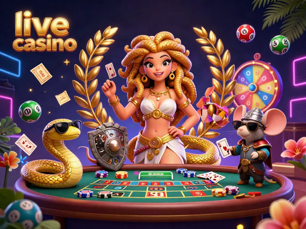 Rasakan keseruan live casino dengan Medusa, mouse pahlawan, dan elemen kasino interaktif.