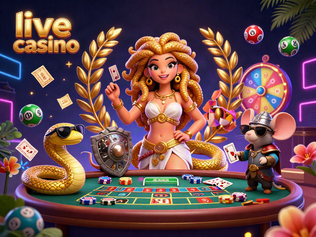 Rasakan keseruan live casino dengan Medusa, mouse pahlawan, dan elemen kasino interaktif.
