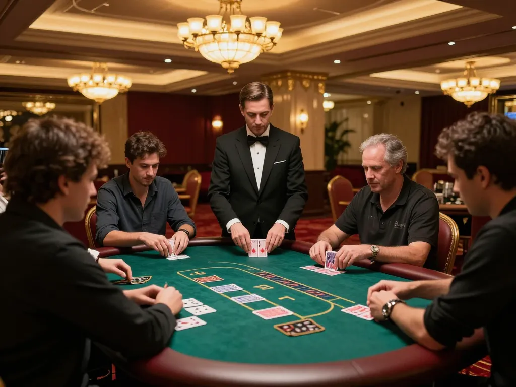 Trò chơi poker căng thẳng tại Rikvip với những người chơi tham gia trong không gian casino sang trọng