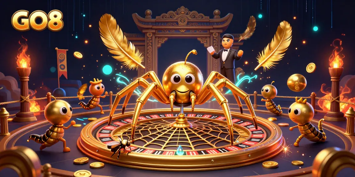 Spin the roulette with GO8 featuring a golden spider, a centipede croupier, and vibrant casino elements.