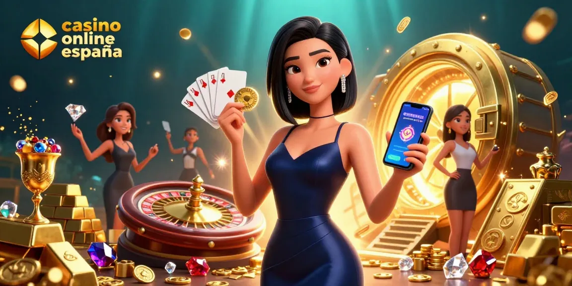 Engage with the vibrant action of casino online españa featuring a glamorous woman with casino elements.