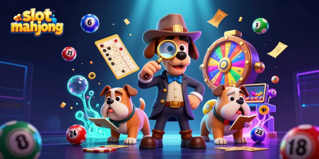 Engage in slot mahjong excitement with a detective and bulldog in a vibrant casino scene filled with colorful elements.
