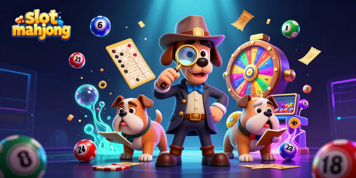 Engage in slot mahjong excitement with a detective and bulldog in a vibrant casino scene filled with colorful elements.