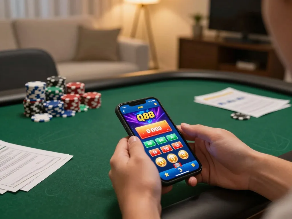 Player engaging in Q88 mobile gaming with smartphone, excited atmosphere in cozy home